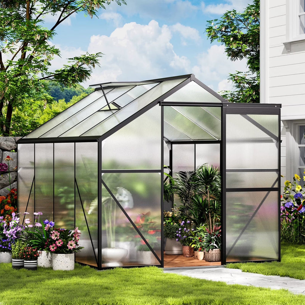 2026 NewAsofer 8x6 FT Greenhouse with Lockable Hinged Door Vent Window, Polycarbonate Walk-in Winter Greenhouse Sunroom, Black