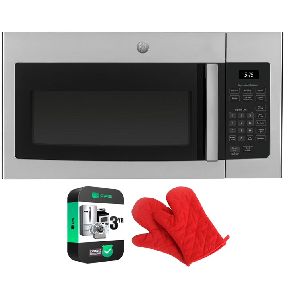2026 NewGE JVM3160RFSS 1.6 Cu. Ft. Over-the-Range Microwave Oven Stainless Steel Bundle with Deco Chef Pair of Red Heat Resistant Oven Mitt and 3 YR CPS Enhanced Protection Pack
