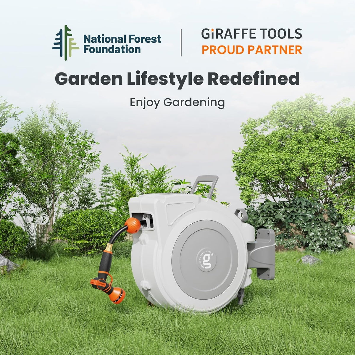 2026 NewGiraffe Tools Retractable Garden Hose Reel with 1/2in-100ft Water Hose, Plastic Bracket, Wall Mounted, Dark Grey