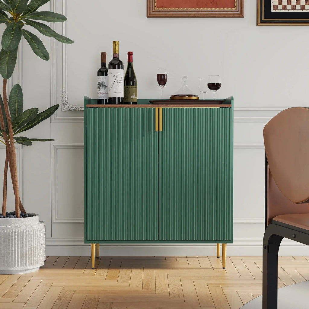 2026 NewCBJCBJ 32" Wine Bar Cabinet with 2 Door Fluted Texture, Modern Coffee Cabinet with Rack&Glass Holder, Black