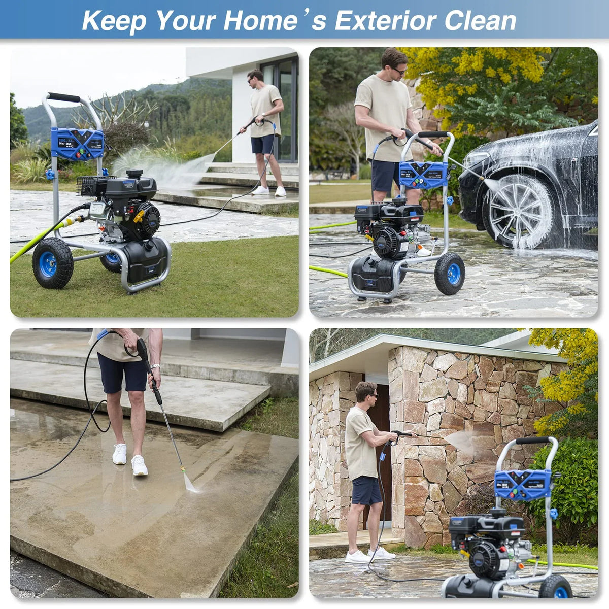 2026 NewEfurden 3500PSI Gas Pressure Washer, 2.3GPM Gas Powered High Pressure Clean Machine with 209CC Engine, 4 Adjustable Nozzles for Cleaning Walls, Terraces, Vehicles, Gardens (Blue)