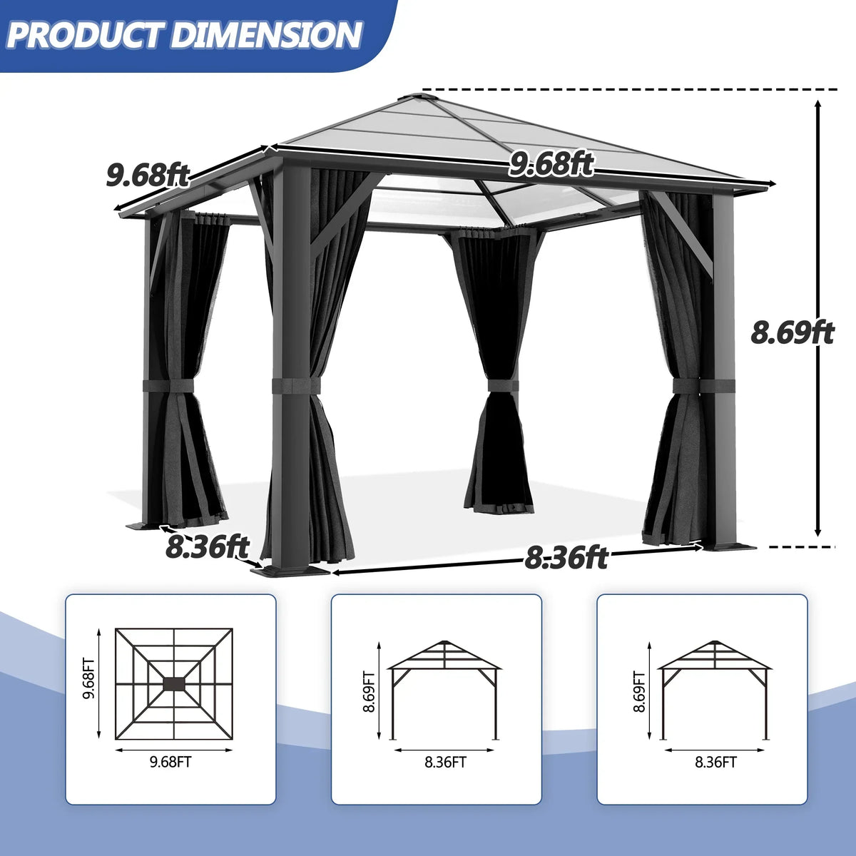 2026 NewGARTOO 10' x 10' Hardtop Gazebo, Outdoor Polycarbonate Roof Gazebo with Steel Frame, Permanent Pavilion with Netting& Curtains