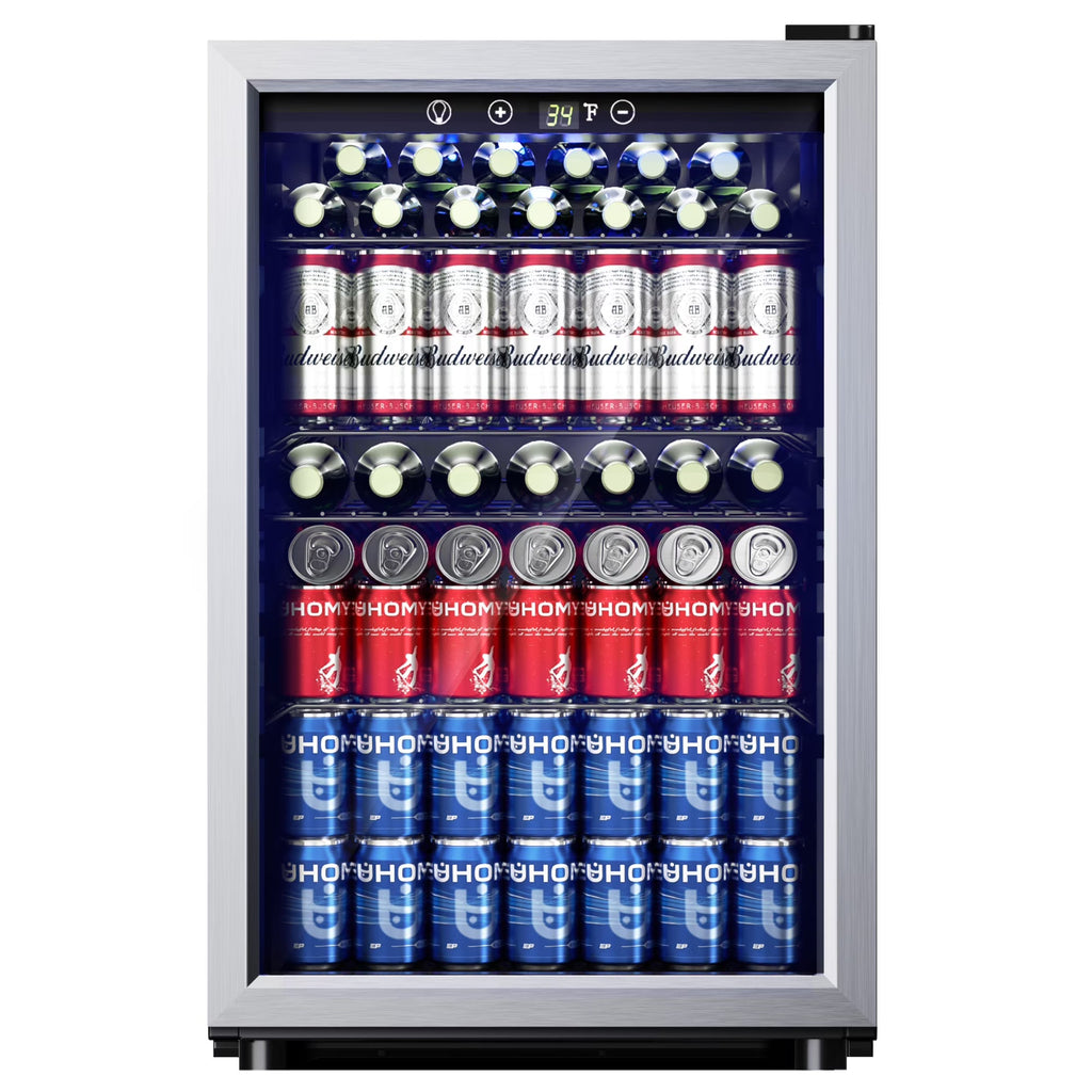 2026 NewEUHOMY 145 Can Beverage Refrigerator and Mine Cooler with Glass Door with Adjustable Shelves