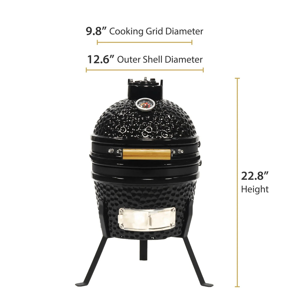 2026 NewVESSILS 9.8-inch W Kamado Charcoal BBQ Grill – Heavy Duty Ceramic Barbecue Smoker and Roaster with Built-in Thermometer and Stainless Steel Grate (13 Inch Stand, Black)