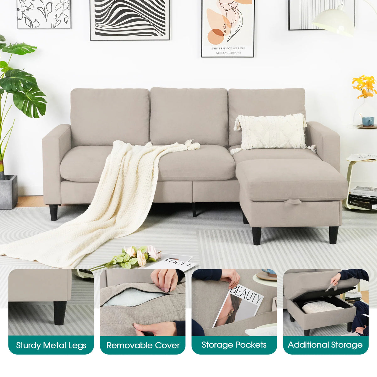 3 Seater Sofa Lounge Set Beige