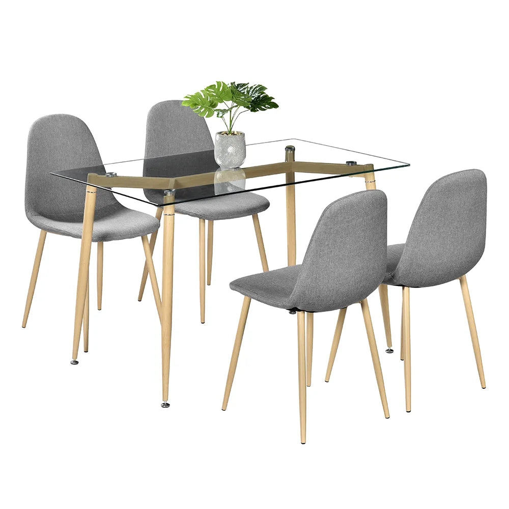 2026 New  Modern Glass Dinner Table, 8MM Black Tempered Glass Sturdy Table Top, Dining Table Iron Tube Legs w/ Wood Pattern, for Home, Kitchens, Dining Rooms