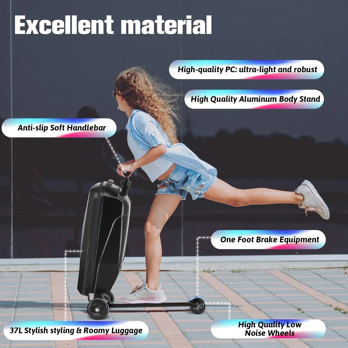 2026 NewAdvwin Scooter Luggage for Kids & Adults, Hardside Ride on Suitcase for Kids Ages 4-15 Multifunctional Lightweight Foldable Carry on Luggage with Wheels Ride on for Children Teenagers, Pink