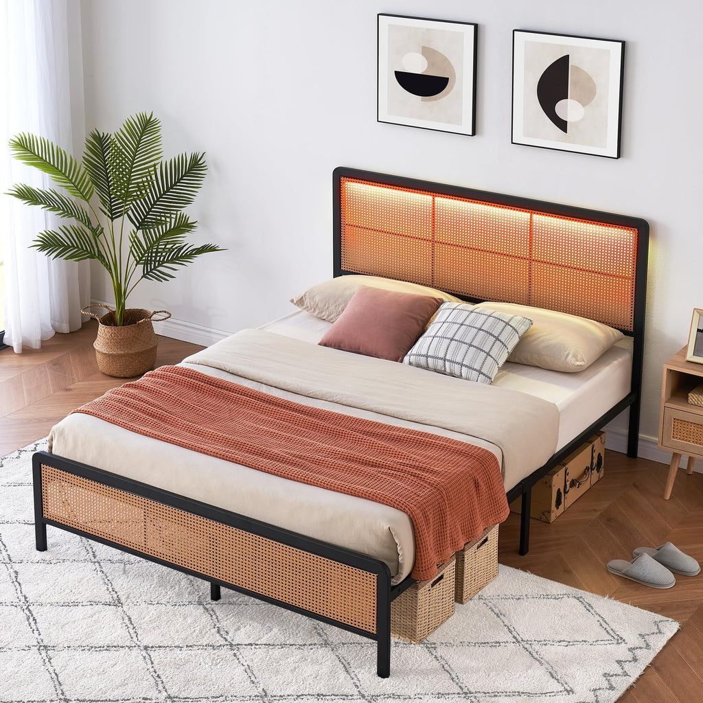 2026 New Platform Bed Frame with Natural Rattan Headboard Modern Cane Bed Frames with Heavy Duty Sturdy Steel Slat Support No Box Spring Needed Easy Assembly