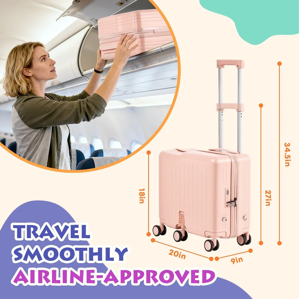2026 NewAdvwin Ride-On Kids Luggage with Pull Strap, Footrests, Cup Holder, 6 Wheels & Adjustable Handle, 18-Inch Spinner Suitcase with Stickers & Boarding Pass, Pink