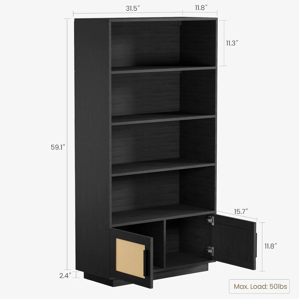 2026 New Huisuilinss 5 Tier Bookcase, Rattan Bookcase with Doors Cabinet, Wooden Bookshelf, Large Wooden Book Case, Tall Book Stand