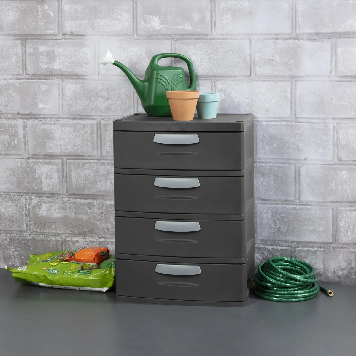 Sterilite 4 Drawer Unit, Durable Plastic Storage Solution for Garages and Basements, Dark Gray