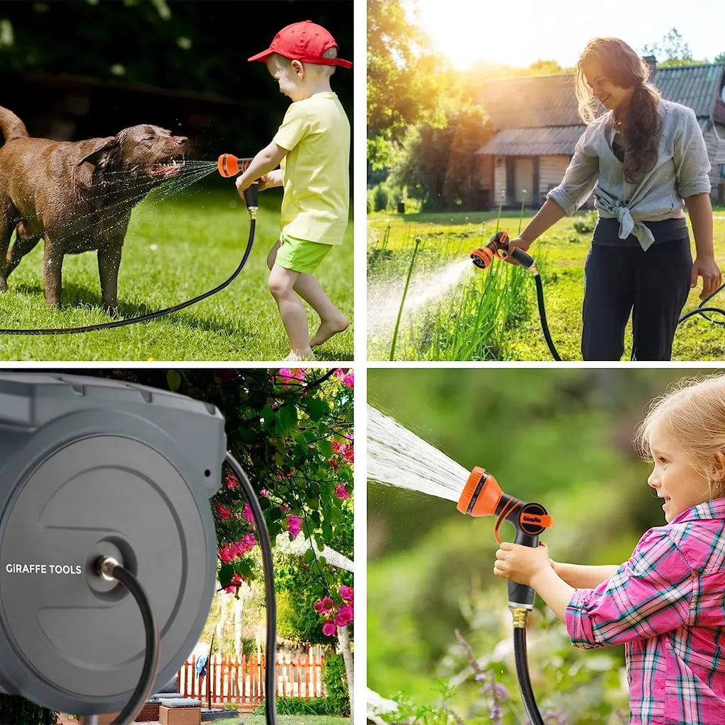 2026 NewGiraffe Tools Retractable Garden Hose Reel with 1/2in-100ft Water Hose, Plastic Bracket, Wall Mounted, Dark Grey