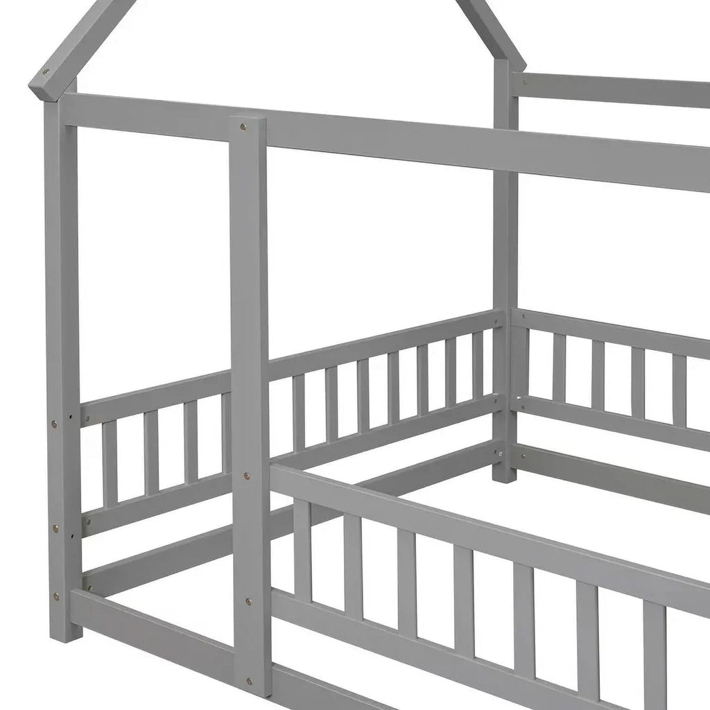 2026 New Full Size House Floor Bed, Wood Montessori Bed Frame with Fence Guardrails, House Beds Frame No Box Spring Needed-Full, Gray)