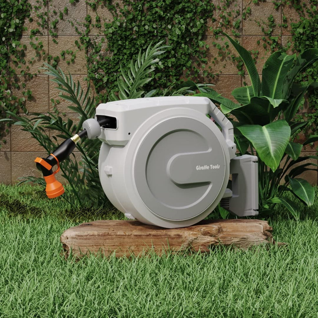 2026 NewGiraffe Tools Retractable Garden Hose Reel with 1/2in-100ft Water Hose, Plastic Bracket, Wall Mounted, Dark Grey