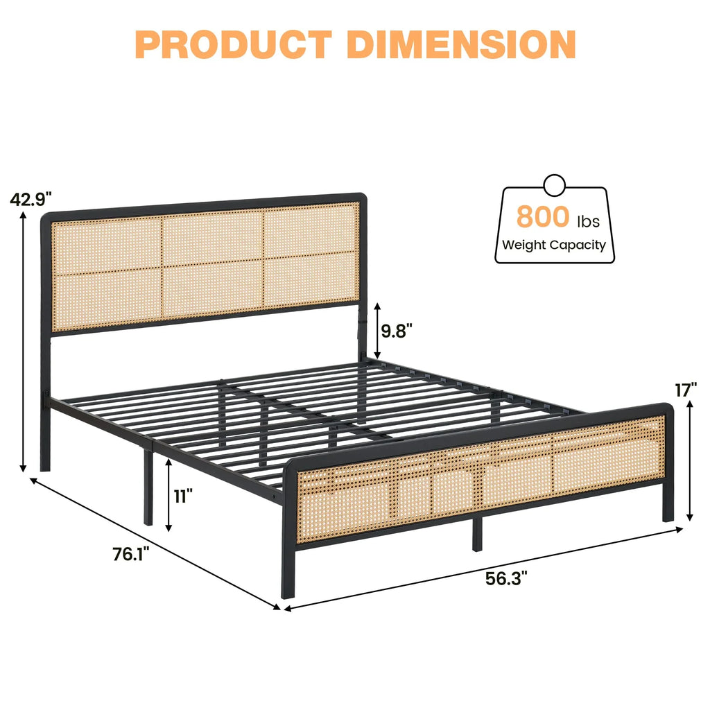 2026 New Platform Bed Frame with Natural Rattan Headboard Modern Cane Bed Frames with Heavy Duty Sturdy Steel Slat Support No Box Spring Needed Easy Assembly