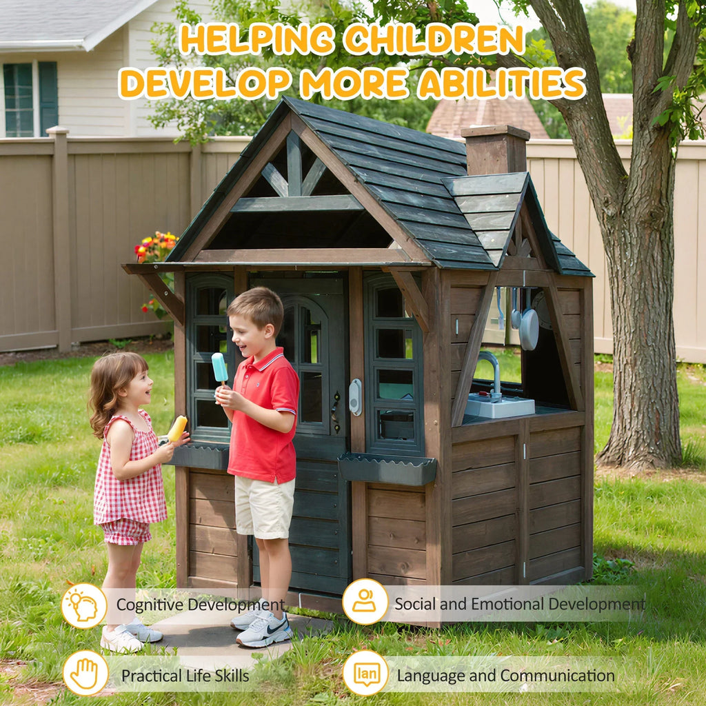 2026 NewCOCLUB Outdoor Playhouse for Kids Ages 4-8, Wooden Play House with Doorbell, Phone, Kitchen Toys, Outdoor Kids Play Equipment, Casa Para Niñas (45”L x 65”H), White & Black