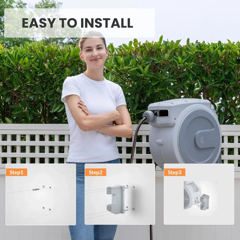 2026 NewGiraffe Tools Retractable Garden Hose Reel with 1/2in-100ft Water Hose, Plastic Bracket, Wall Mounted, Dark Grey