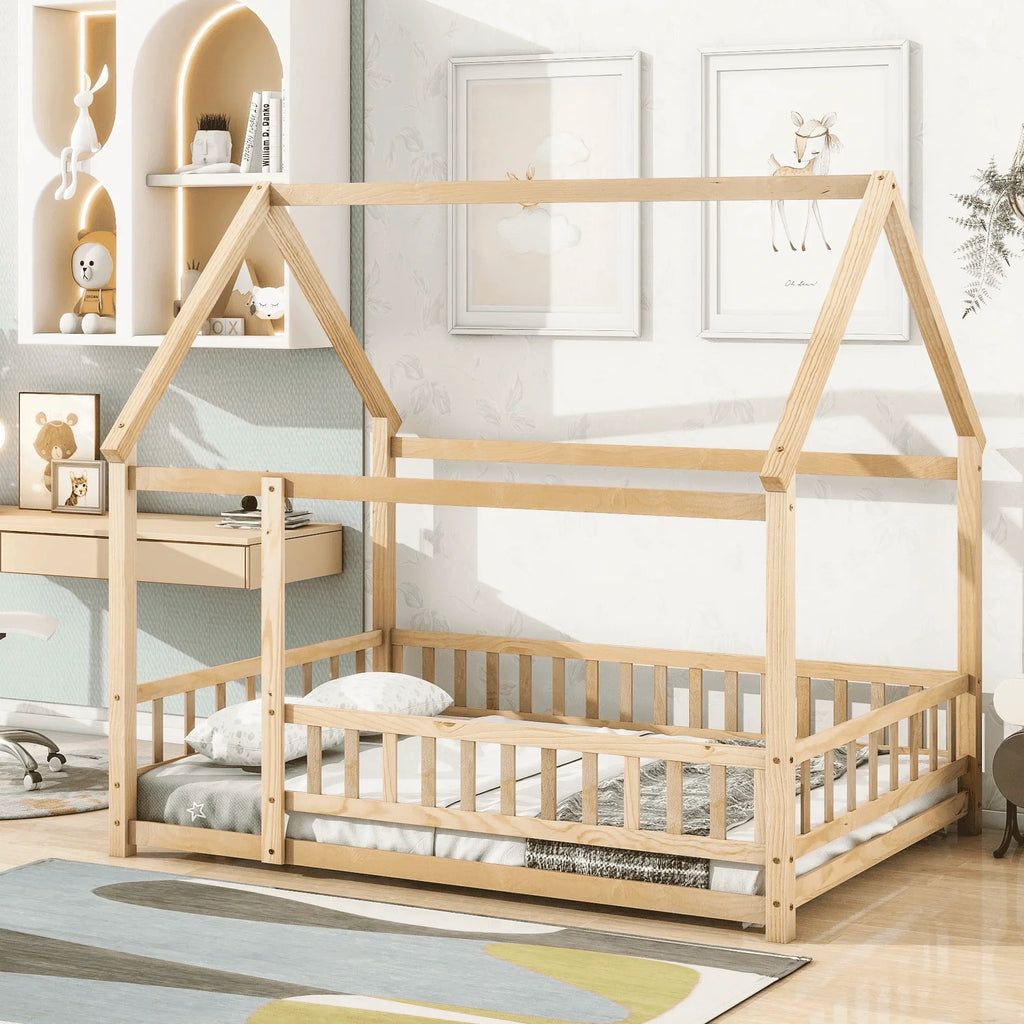 2026 New Full Size House Floor Bed, Wood Montessori Bed Frame with Fence Guardrails, House Beds Frame No Box Spring Needed-Full, Gray)