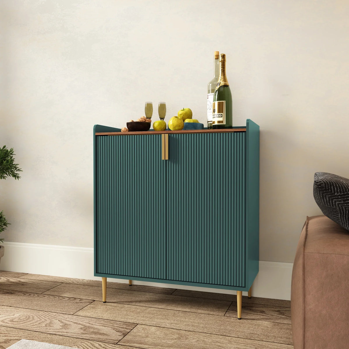 2026 NewCBJCBJ 32" Wine Bar Cabinet with 2 Door Fluted Texture, Modern Coffee Cabinet with Rack&Glass Holder, Black