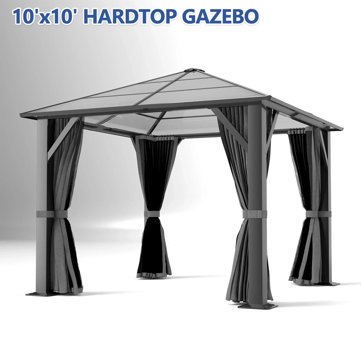 2026 NewGARTOO 10' x 10' Hardtop Gazebo, Outdoor Polycarbonate Roof Gazebo with Steel Frame, Permanent Pavilion with Netting& Curtains