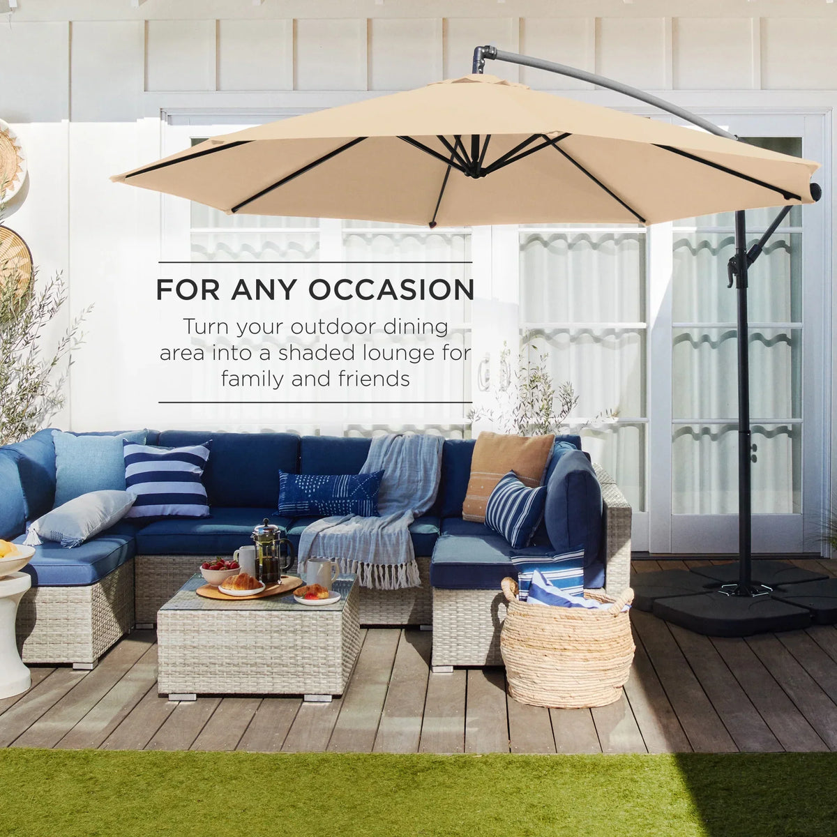 2026 NewBest Choice Products 10ft Offset Hanging Outdoor Market Patio Umbrella w/ Easy Tilt Adjustment - Tan