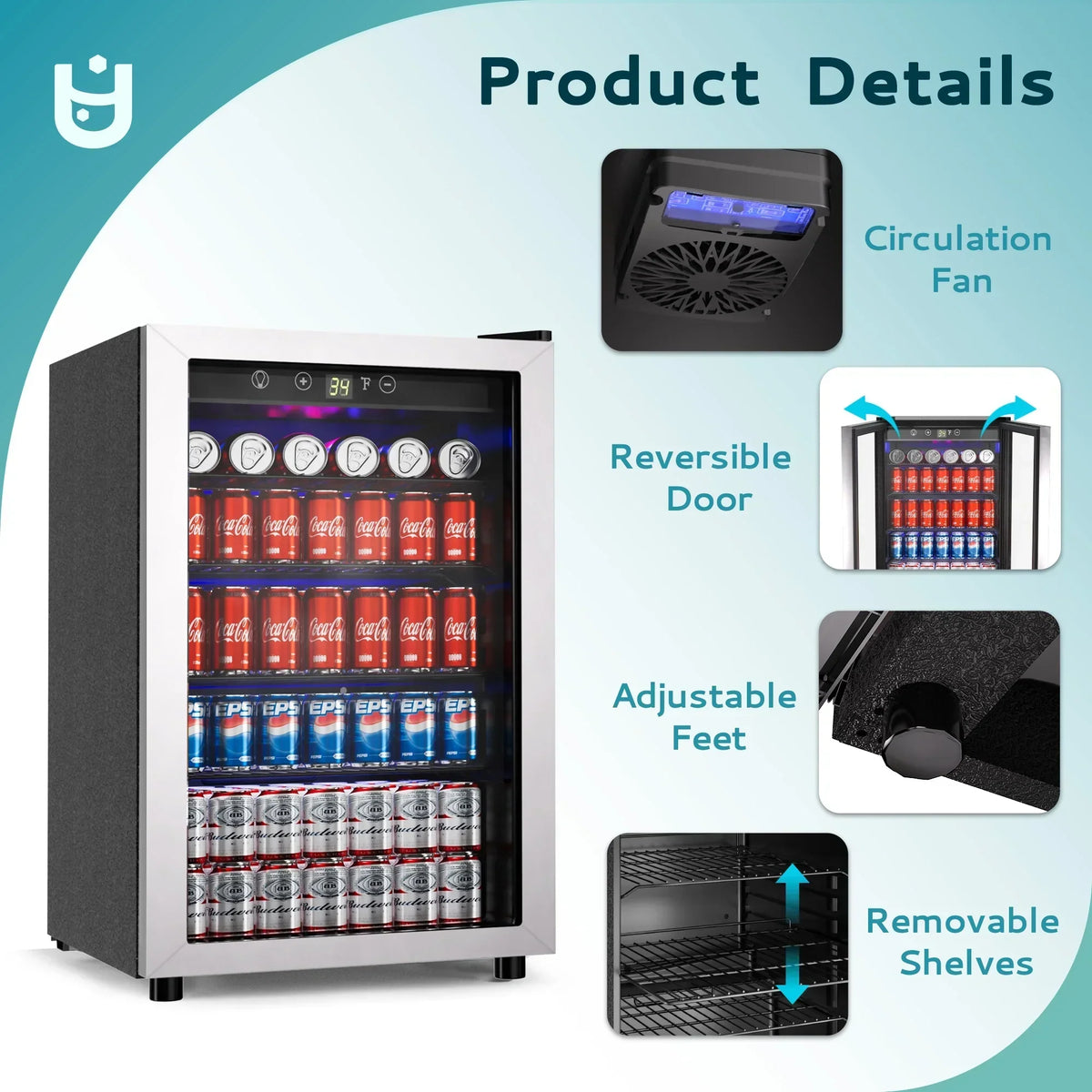 2026 NewEUHOMY 145 Can Beverage Refrigerator and Mine Cooler with Glass Door with Adjustable Shelves