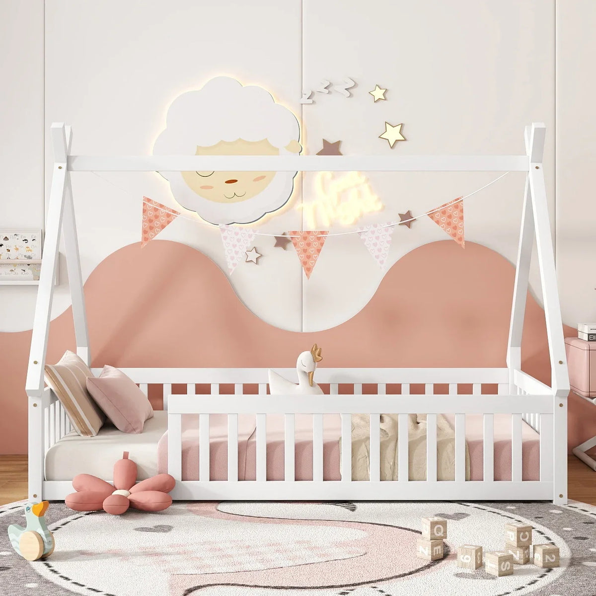 2026 New Full Size House Floor Bed, Wood Montessori Bed Frame with Fence Guardrails, House Beds Frame No Box Spring Needed-Full, Gray)