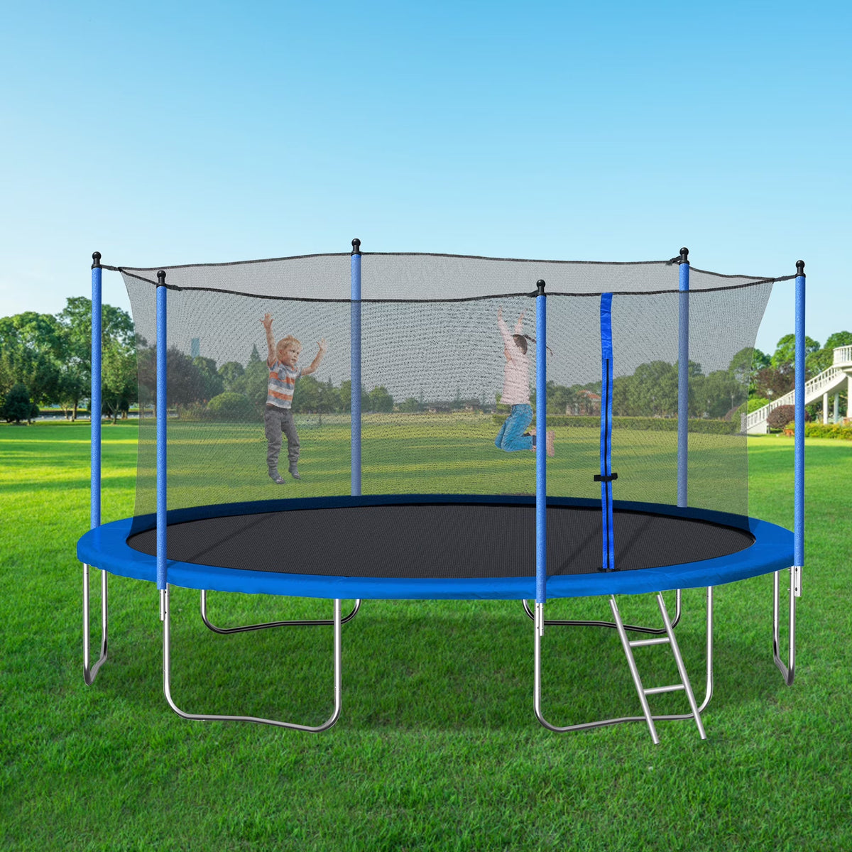 2026 New14FT Outdoor Trampoline with Safety Enclosure, Steel Tube Frame, Ladder & Secure Net - Heavy Duty, Blue