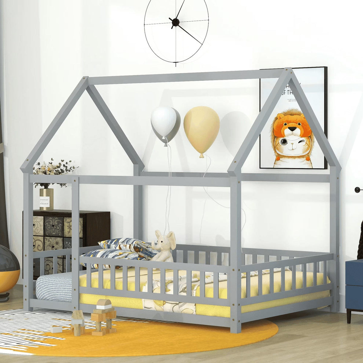 2026 New Full Size House Floor Bed, Wood Montessori Bed Frame with Fence Guardrails, House Beds Frame No Box Spring Needed-Full, Gray)