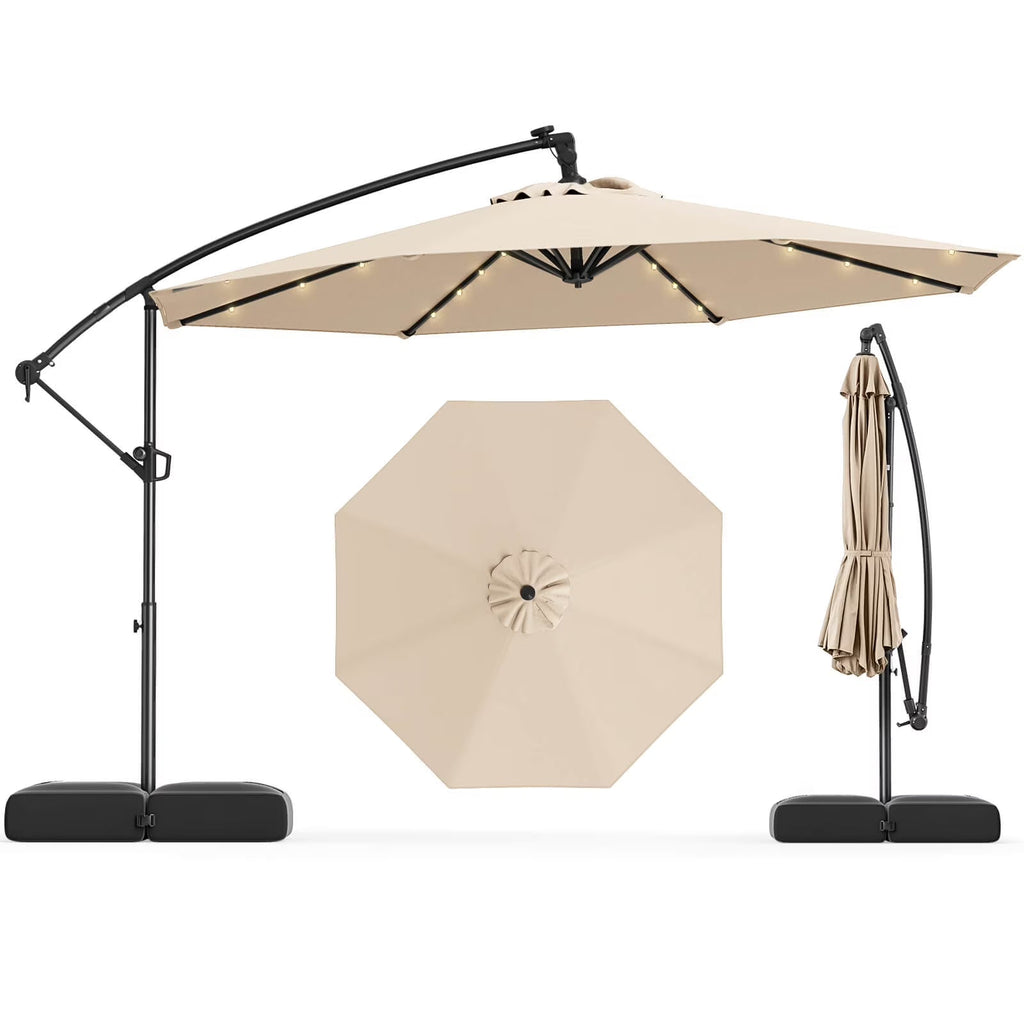 2026 NewCostway 10 FT Solar Offset Hanging Umbrella Patio Cantilever Umbrella with 32 LED Lights Brown