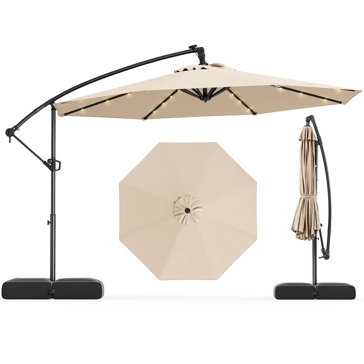 2026 NewCostway 10 FT Solar Offset Hanging Umbrella Patio Cantilever Umbrella with 32 LED Lights Brown