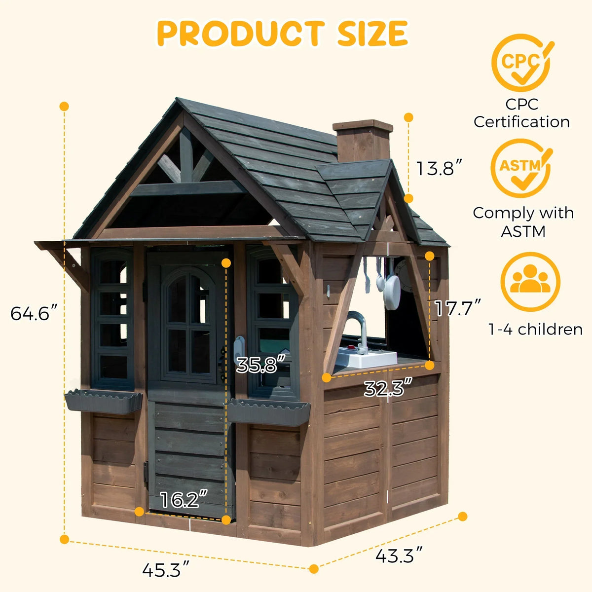 2026 NewCOCLUB Outdoor Playhouse for Kids Ages 4-8, Wooden Play House with Doorbell, Phone, Kitchen Toys, Outdoor Kids Play Equipment, Casa Para Niñas (45”L x 65”H), White & Black