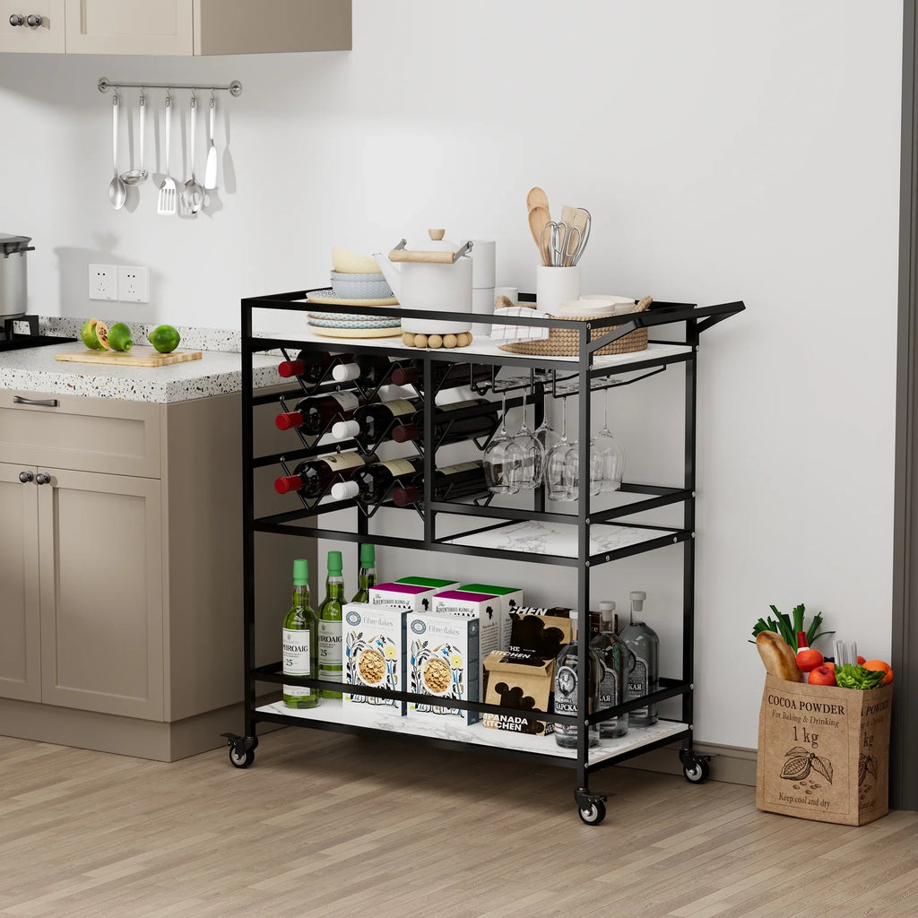 2026 NewWHIFEA 3-Tier Home Bar Cart with Wine Rack, Mobile Serving Wine Cart on Wheels, Modern Rolling Drink Trolley for Coffee Tea Wine