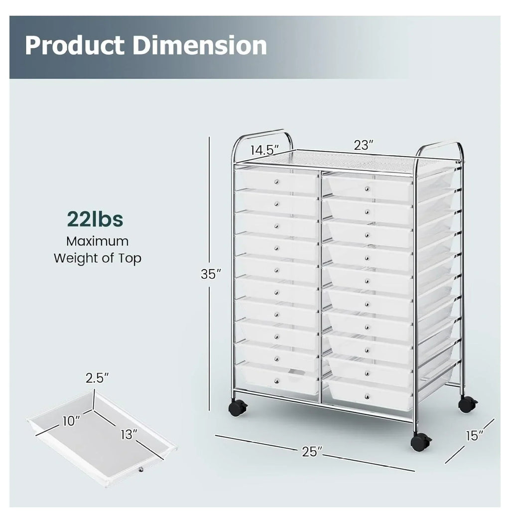 2026 New20 Drawers Storage Cart w/Rolling Wheels, Semi-Transparent Mobile Rolling Drawer Cart for School Classroom Office Home Salon, Files Scrapbook Craft Organizer, Utility Cart on Wheels (Clear)