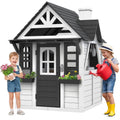2026 NewCOCLUB Outdoor Playhouse for Kids Ages 4-8, Wooden Play House with Doorbell, Phone, Kitchen Toys, Outdoor Kids Play Equipment, Casa Para Niñas (45”L x 65”H), White & Black