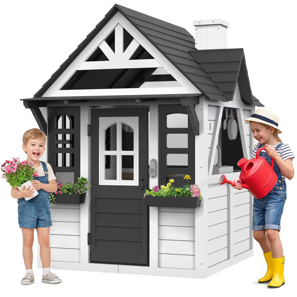 2026 NewCOCLUB Outdoor Playhouse for Kids Ages 4-8, Wooden Play House with Doorbell, Phone, Kitchen Toys, Outdoor Kids Play Equipment, Casa Para Niñas (45”L x 65”H), White & Black