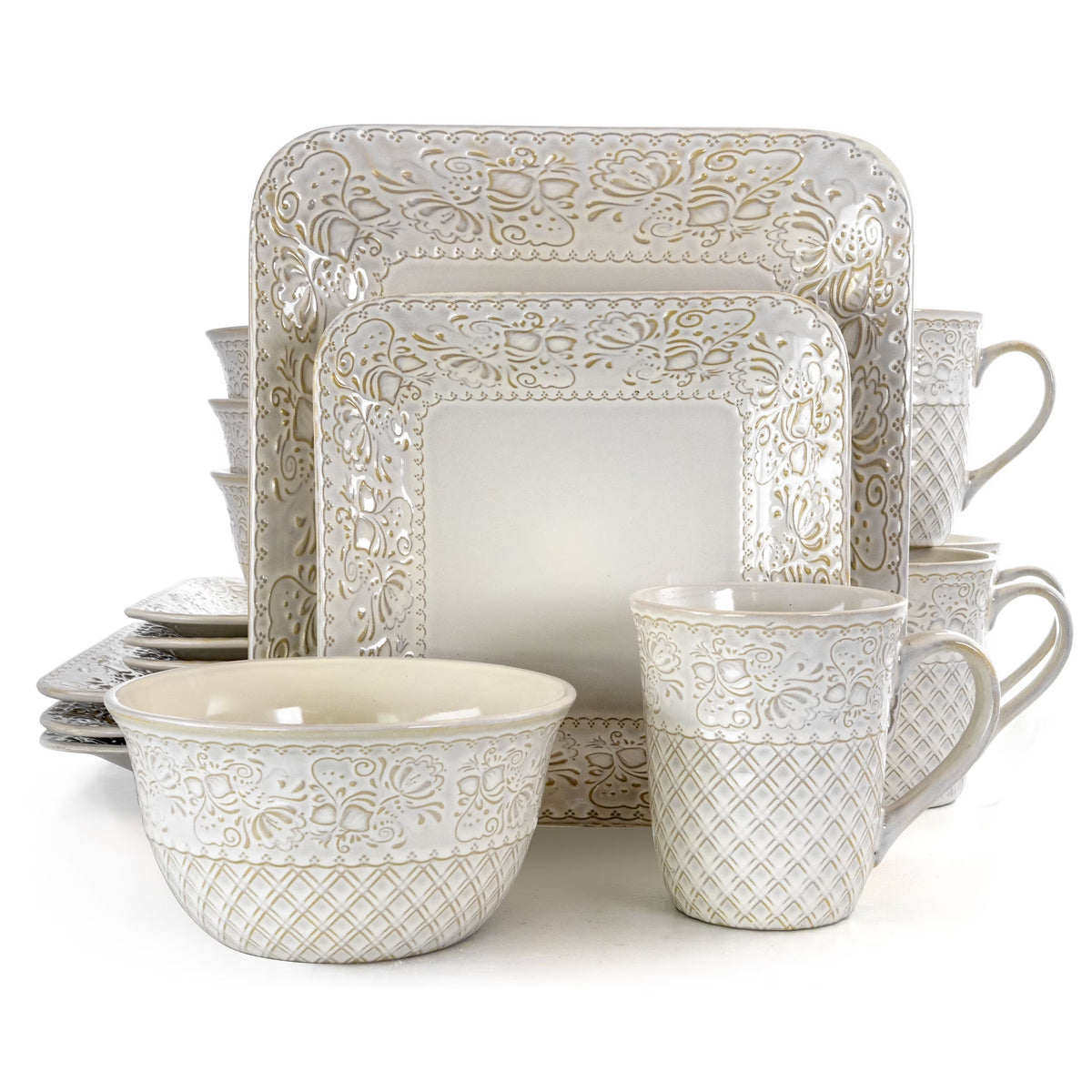 2026 NewElama Ivory Lotus 16 Piece Square Dinnerware Set