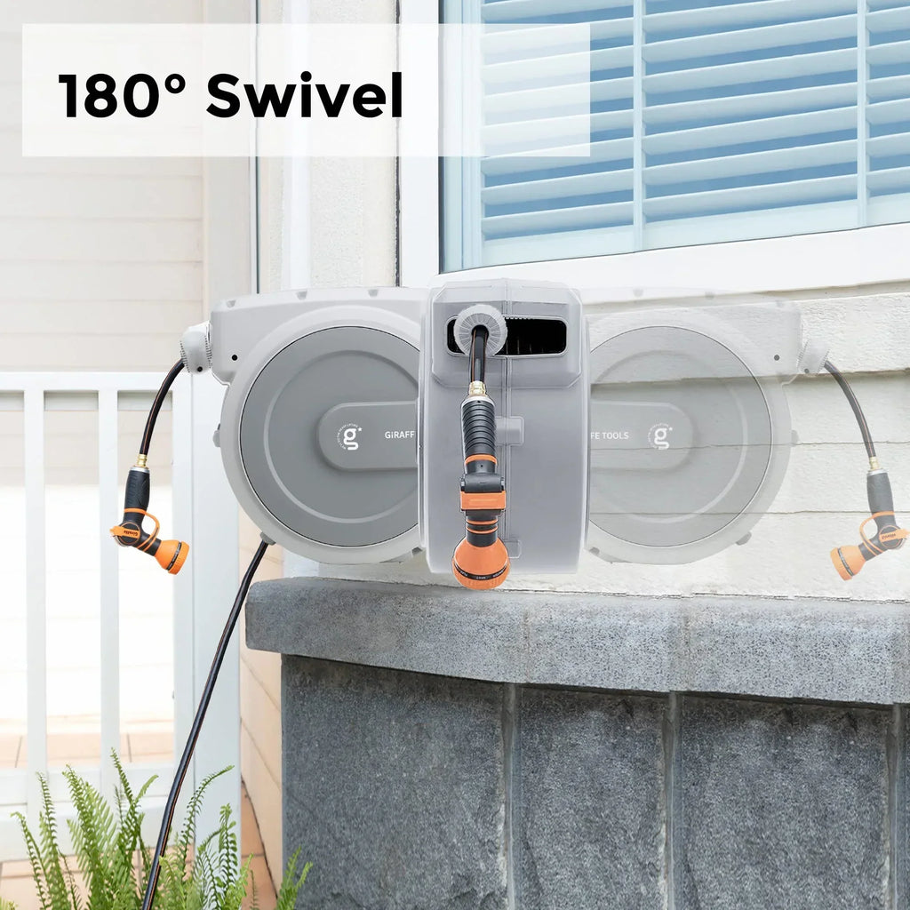 2026 NewGiraffe Tools Retractable Garden Hose Reel with 1/2in-100ft Water Hose, Plastic Bracket, Wall Mounted, Dark Grey