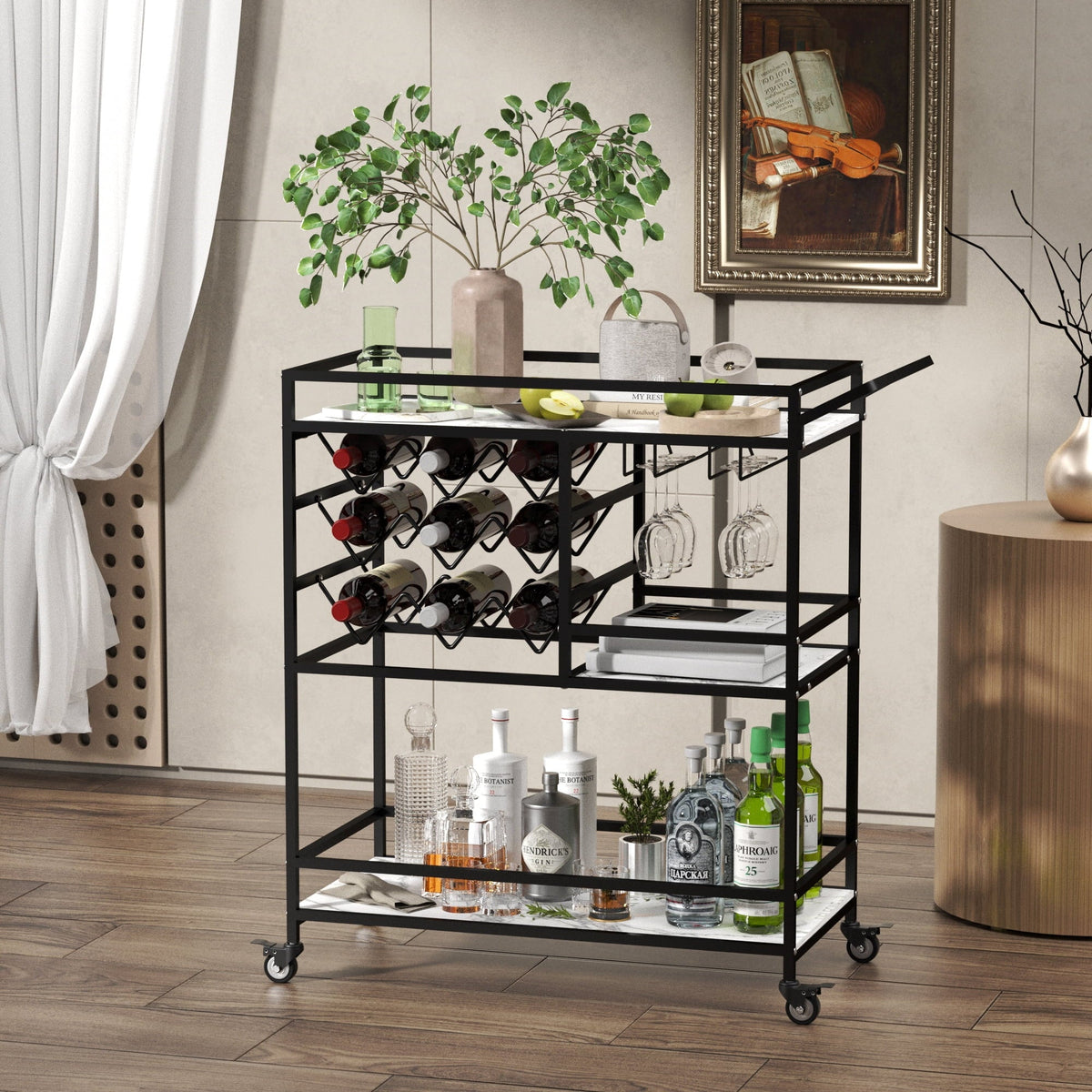 2026 NewWHIFEA 3-Tier Home Bar Cart with Wine Rack, Mobile Serving Wine Cart on Wheels, Modern Rolling Drink Trolley for Coffee Tea Wine