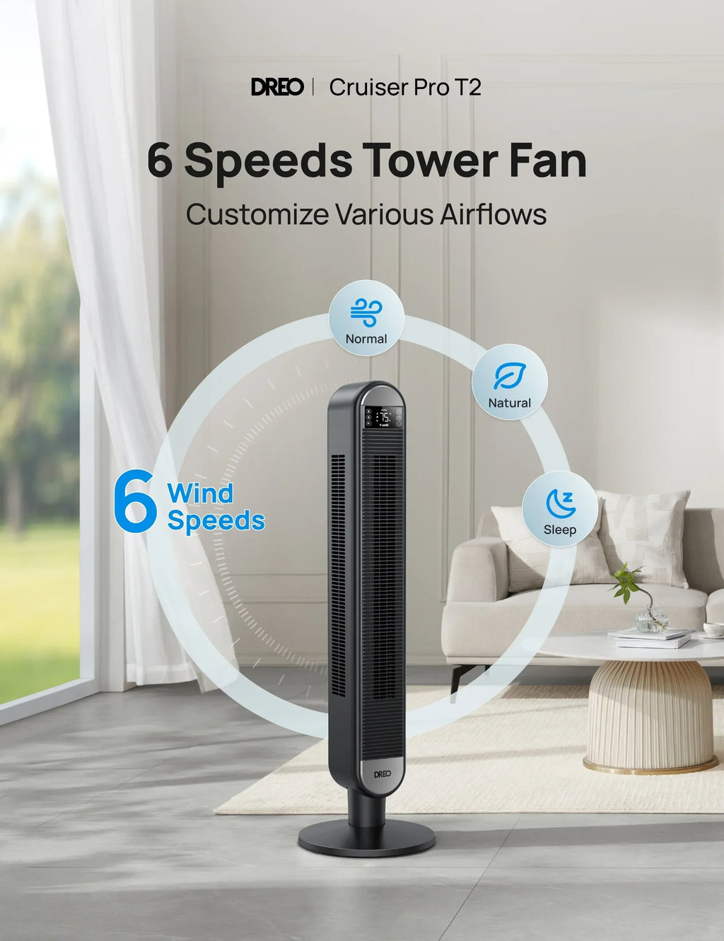 2026 NewDreo Tower Fan for Home, 42" Standing Fan with Remote, 90" Oscillating Fan for Indoors, 34dB Quiet Bedroom Fans, 6 Speeds, 4 Modes, 12H Timer, Bladeless Fan with LED Display, 26 ft/s High Velocity