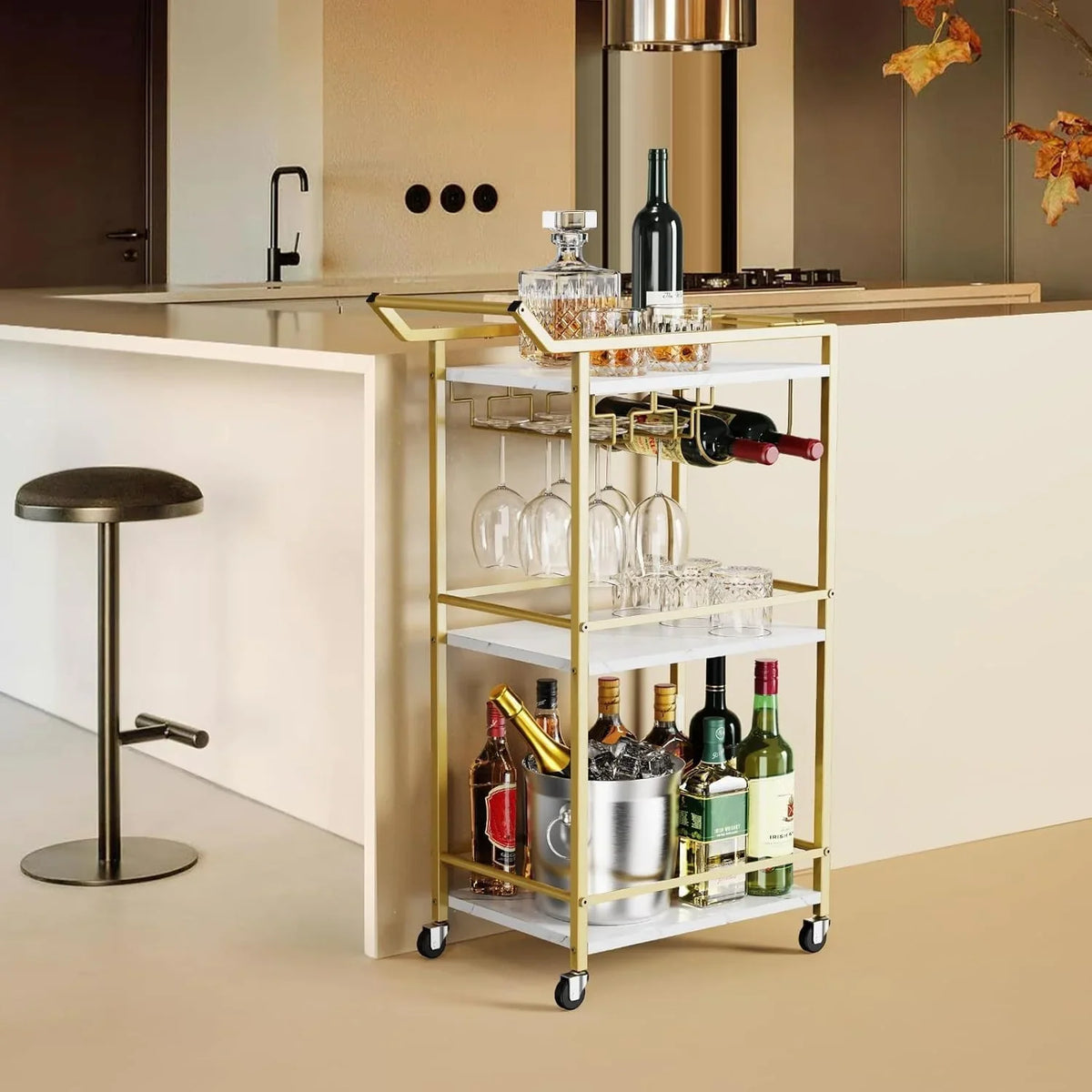 2026 New3 Tier Bar Cart, Mini Liquor Utility Cart for Wine Beverage Dinner Party, Rolling Wine Coffee Drink Serving Cart with Lockable Wheels for Home Kitchen