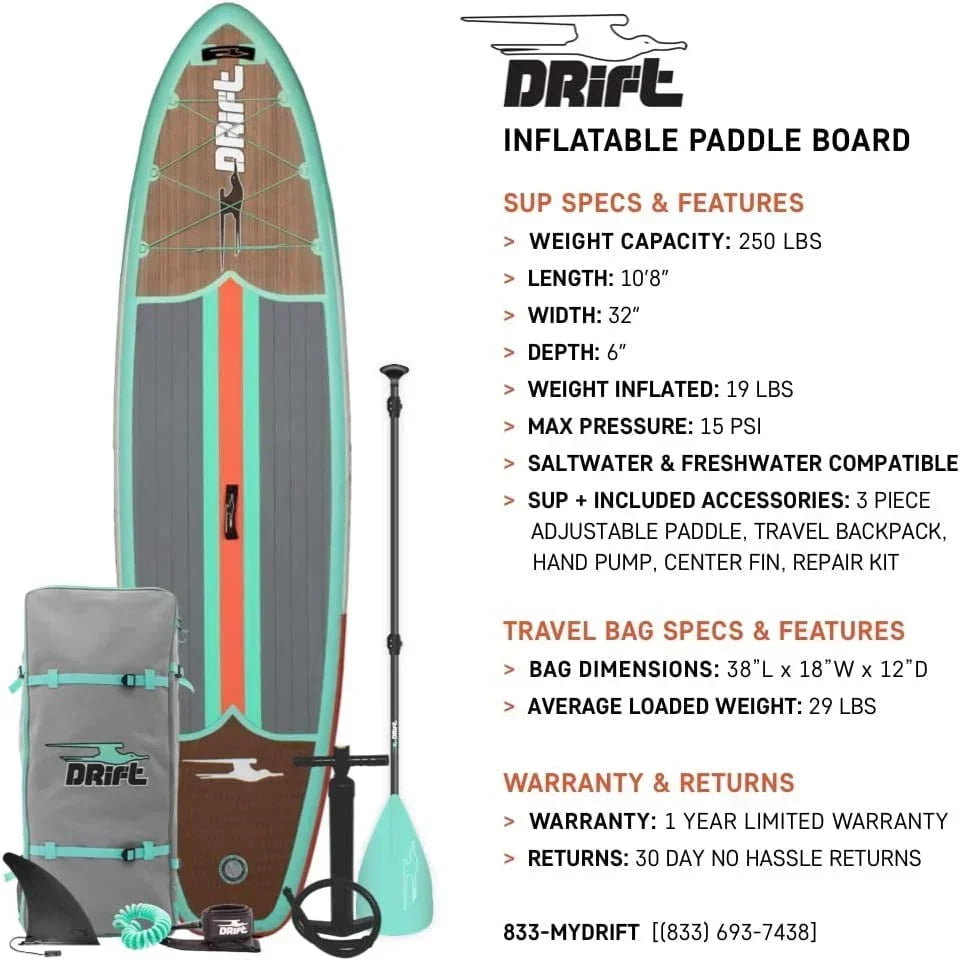 2026 NewDrift Aero Inflatable Stand Up Paddle Board - SUP Paddle Board & Accessories, Including Pump, Paddle, and More - Classic Woodgrain, Adult, 10'8"