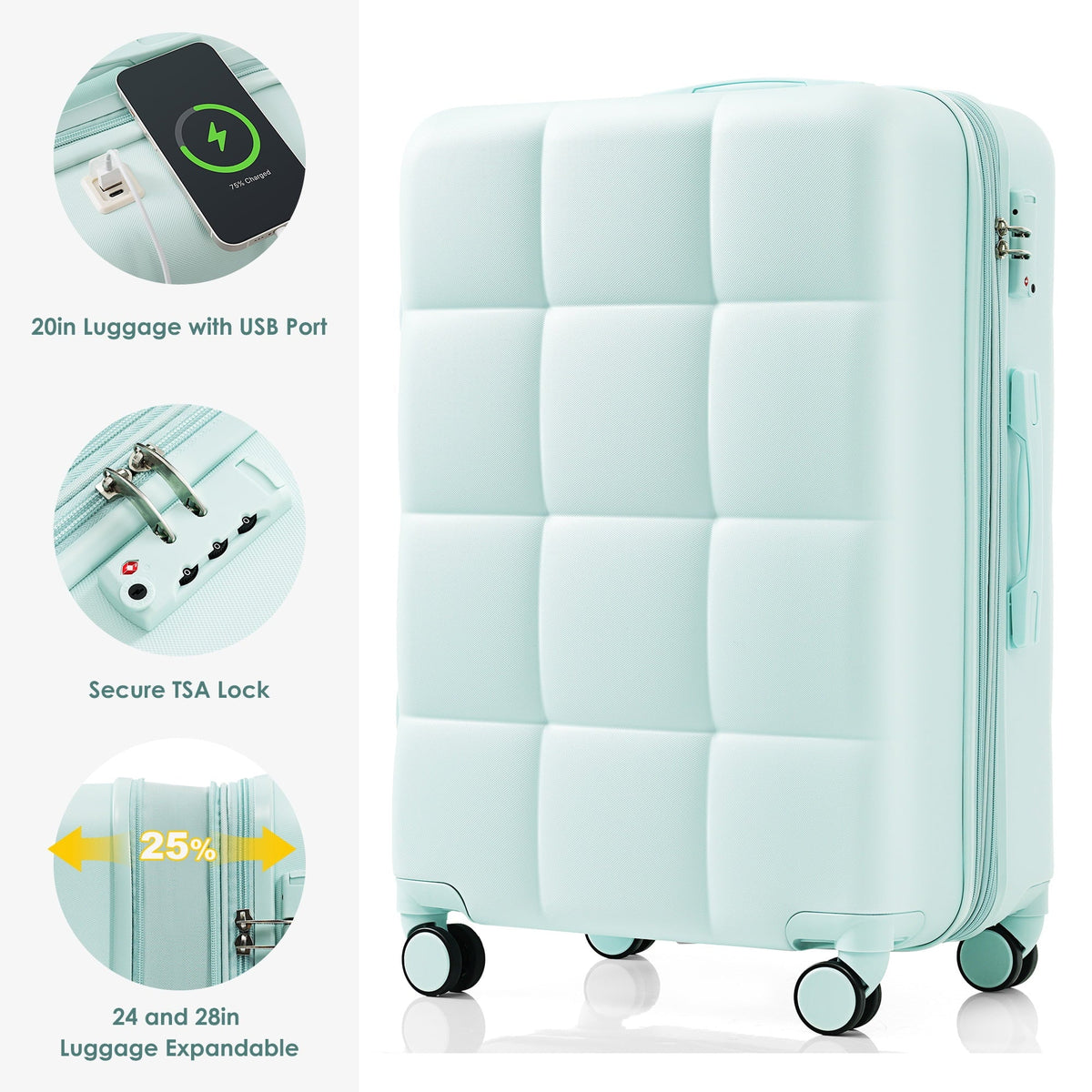 2026 New Luggage Set of 3, 20-inch with USB Port, Airline Certified Carry-on Luggage with Cup Holder, ABS Hard Shell Luggage with Spinner Wheels, white