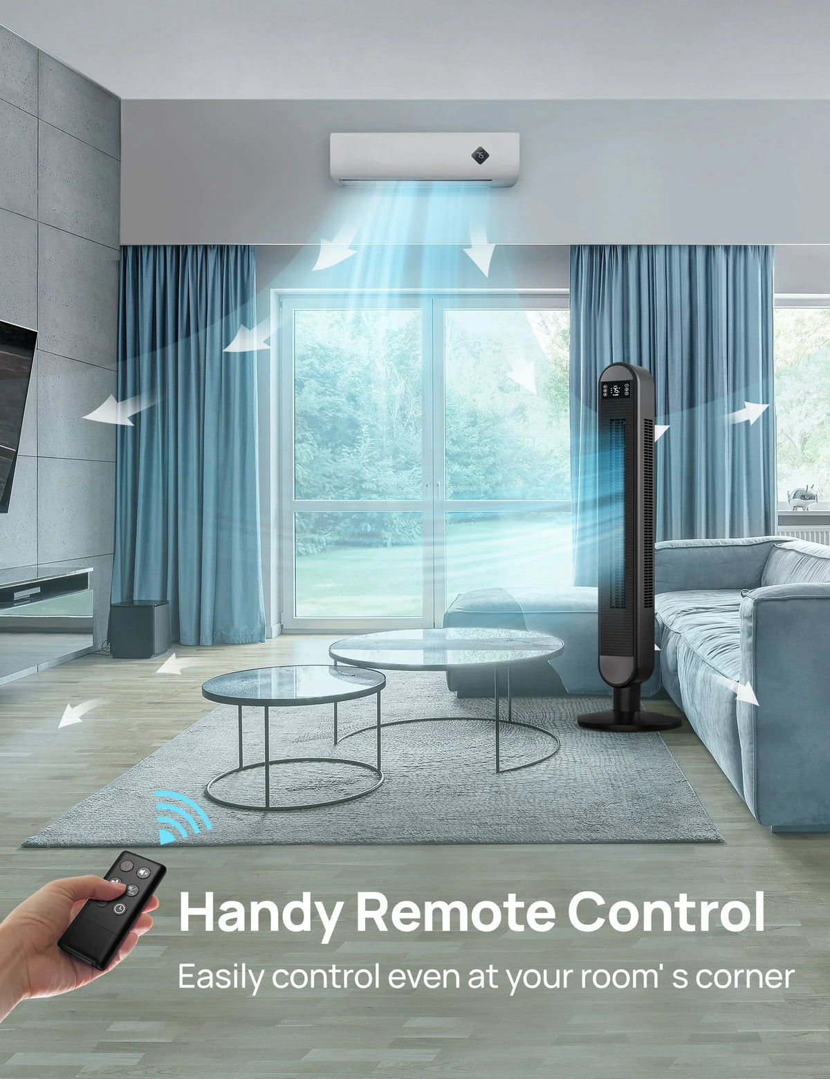 2026 NewDreo Tower Fan for Home, 42" Standing Fan with Remote, 90" Oscillating Fan for Indoors, 34dB Quiet Bedroom Fans, 6 Speeds, 4 Modes, 12H Timer, Bladeless Fan with LED Display, 26 ft/s High Velocity