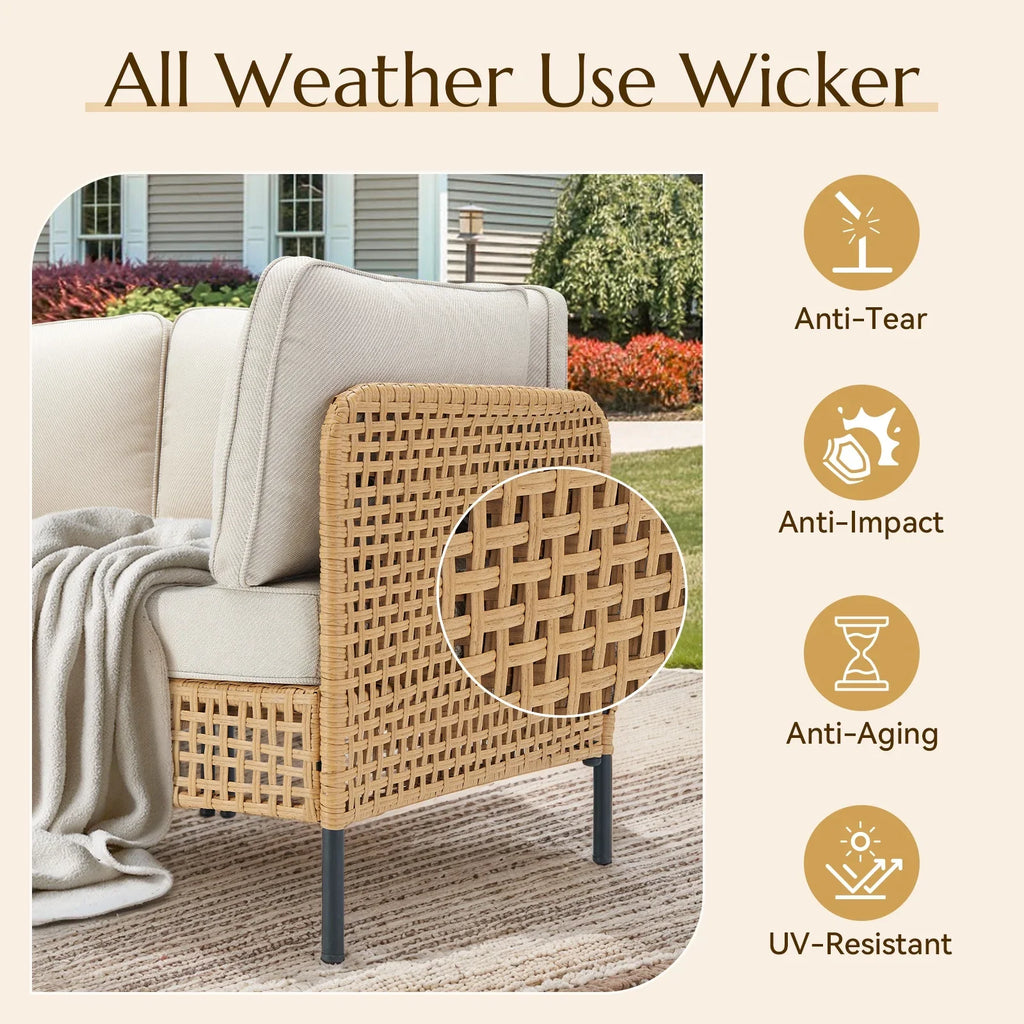 2026 NewPPorfamilia Outdoor Modular Sectional Furniture Set, 7 Piece Natural PE Rattan Sofa Set with 2 Corner Chairs, 4 Middle Chairs, Side Table
