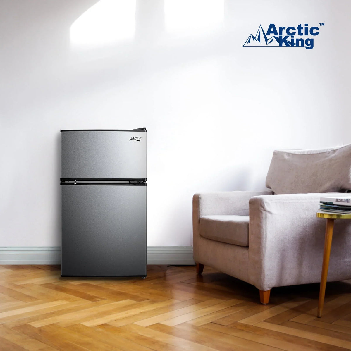 2026 NewArctic King 3.2 Cu ft Two Door Mini Fridge with Freezer, Stainless Steel, E-Star, ARM32D5ASL