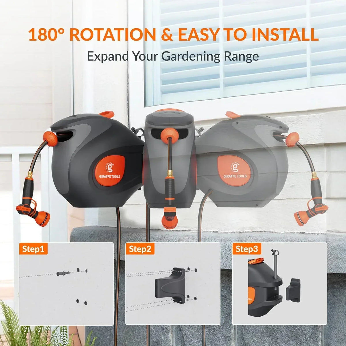 2026 NewGiraffe Tools Retractable Garden Hose Reel with 1/2in-100ft Water Hose, Plastic Bracket, Wall Mounted, Dark Grey