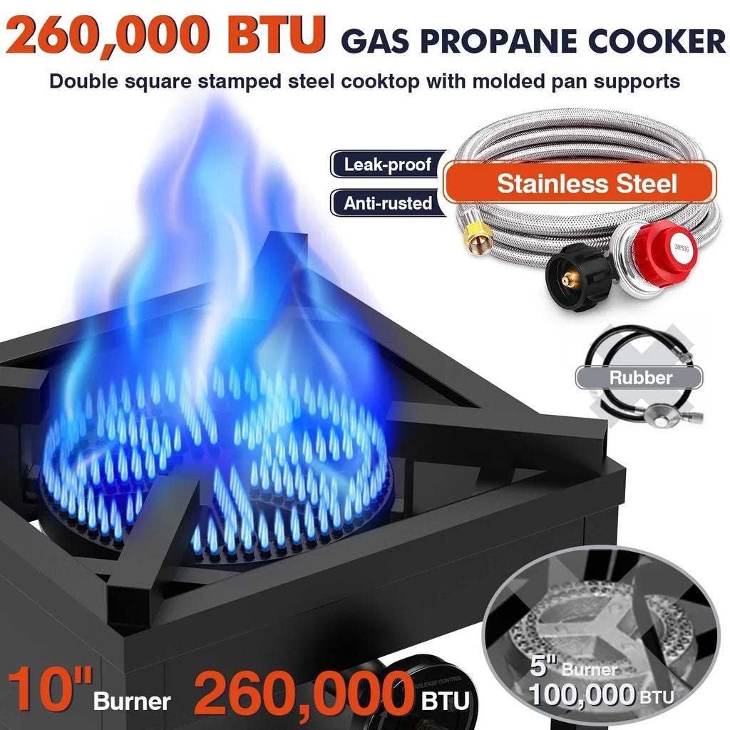 2026 NewFrizi 1-Burner Propane Gas Outdoor Stove �C 260,000 BTU, 0-30 PSI Adjustable Regulator & Steel-Braided Hose