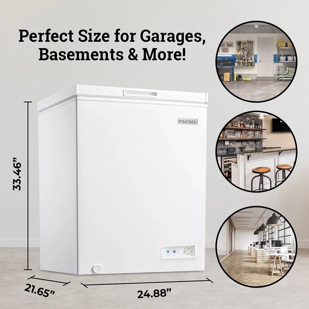 2026 New Igloo 5.0 Cu. Ft. Chest Freezer With Removable Basket, Free-Standing Door Temperature Ranges From-10?- to 10?- F, Front Defrost Water Drain, Perfect for Homes, Garages, Basements, RVs, White