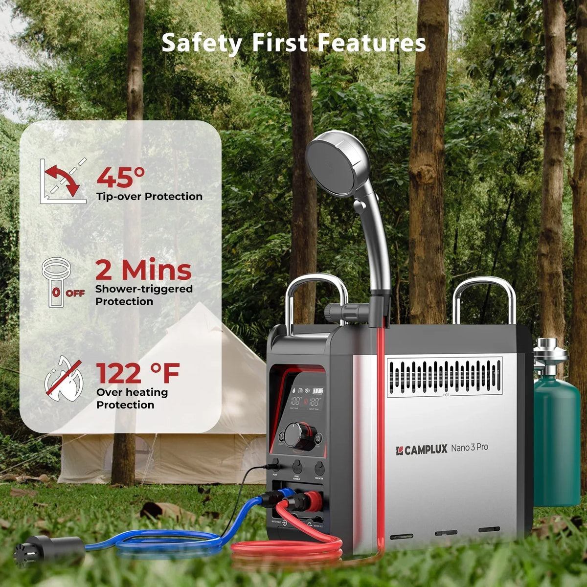 2026 NewCAMPLUX Nano 3 Pro Portable Propane Water Heater with Battery, Instant Hot Water for Camping and Outdoor Use